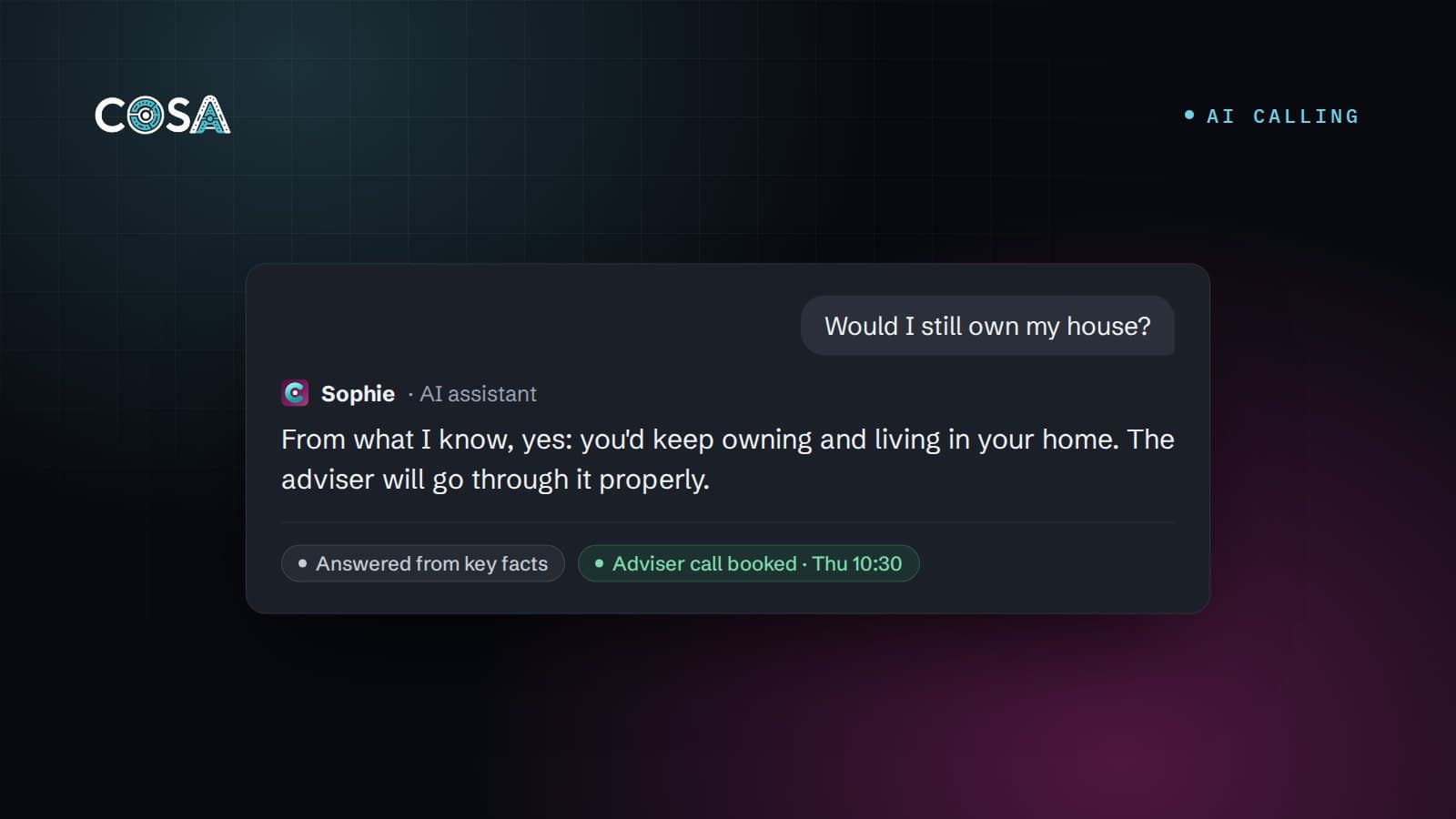 AI call card: 'Would I still own my house?' answered from key facts, and 'Adviser call booked · Thu 10:30'