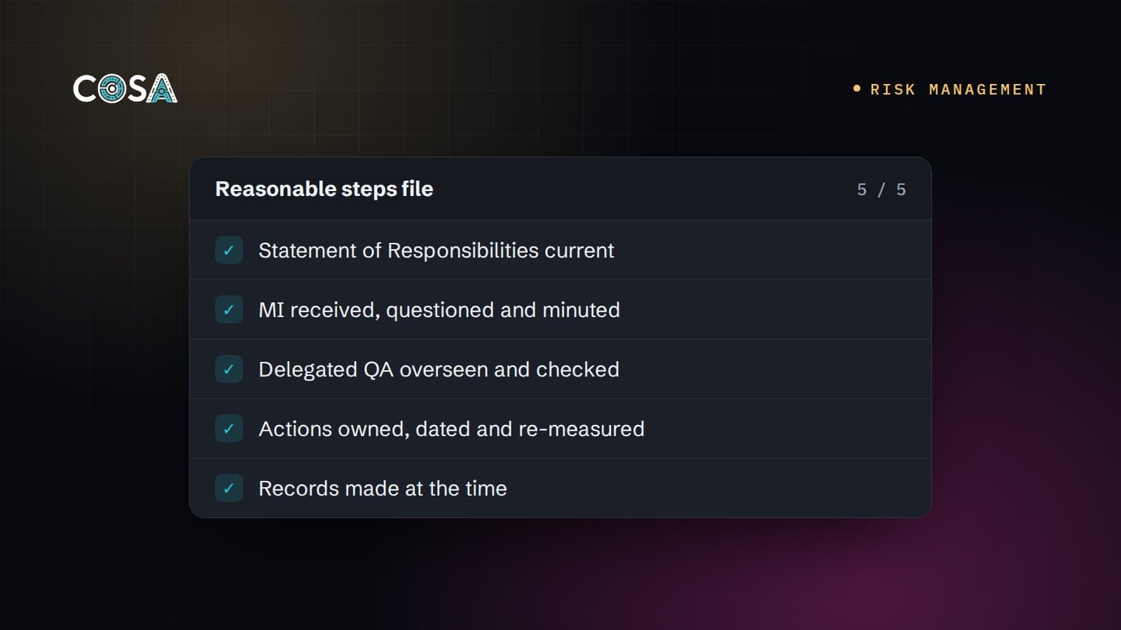 Reasonable steps file checklist with five items ticked, from Statement of Responsibilities to records made at the time